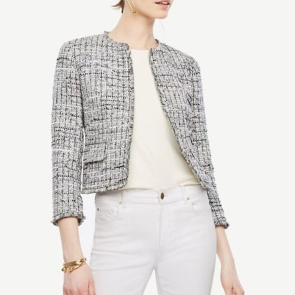 Petite Grid Fringe Tweed Open Jacket